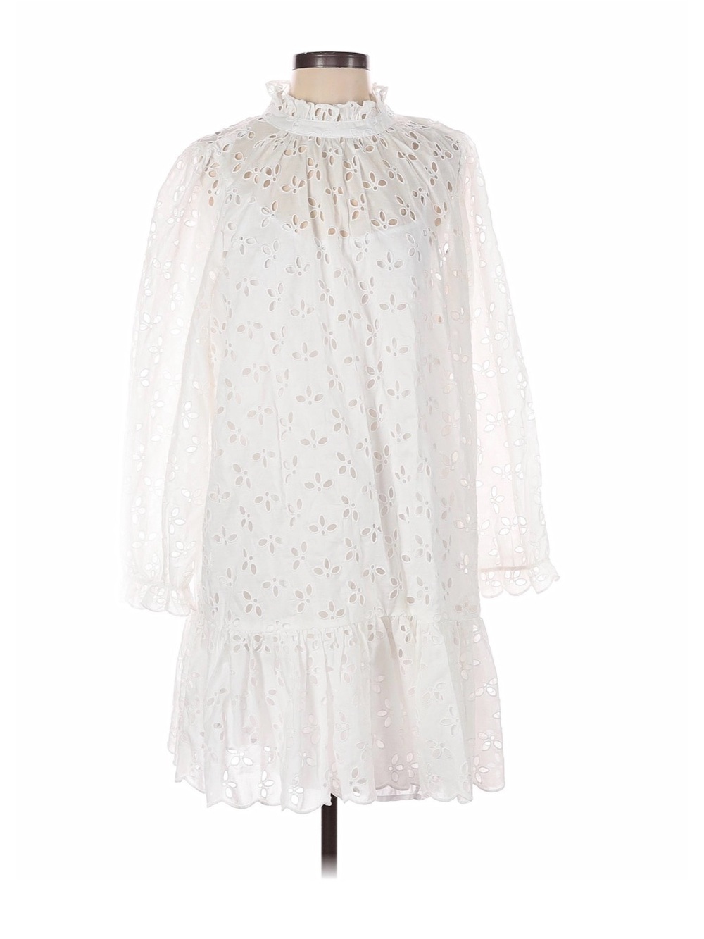 J. Crew White Eyelet Ruffle-Neck Long Sleeve Dress